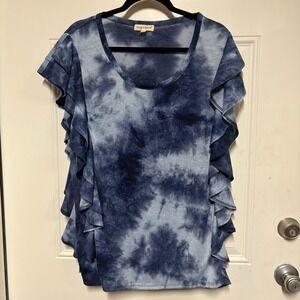 Song n Spirit Size XL Boho Retro Tie Dyed Sleeveless Top Blue Ruffle
